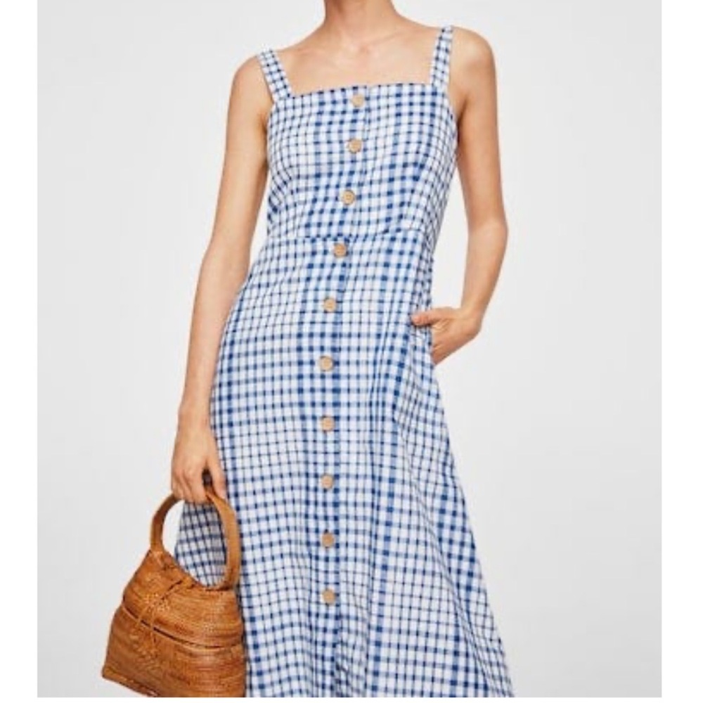 NWOT Mango Royal Blue and White Gingham Checker 100% Cotton Midi Small Dress